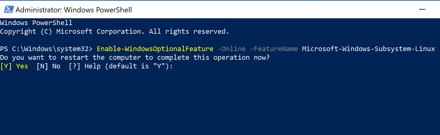 Enable Windows Subsystem for Linux (WSL) via PowerShell in Windows 10