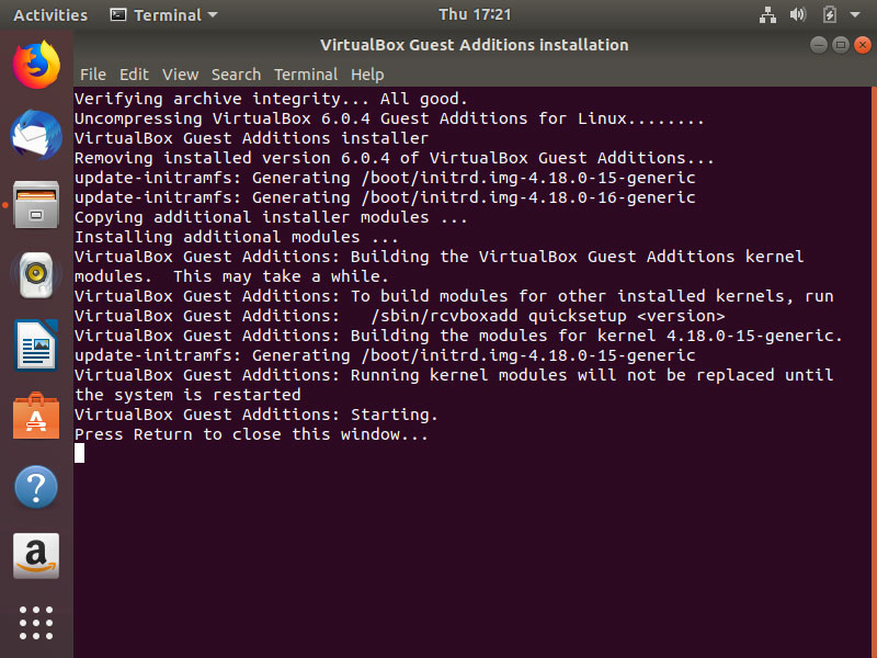 VirtualBox Guest Additions install complete on Ubuntu 18.04