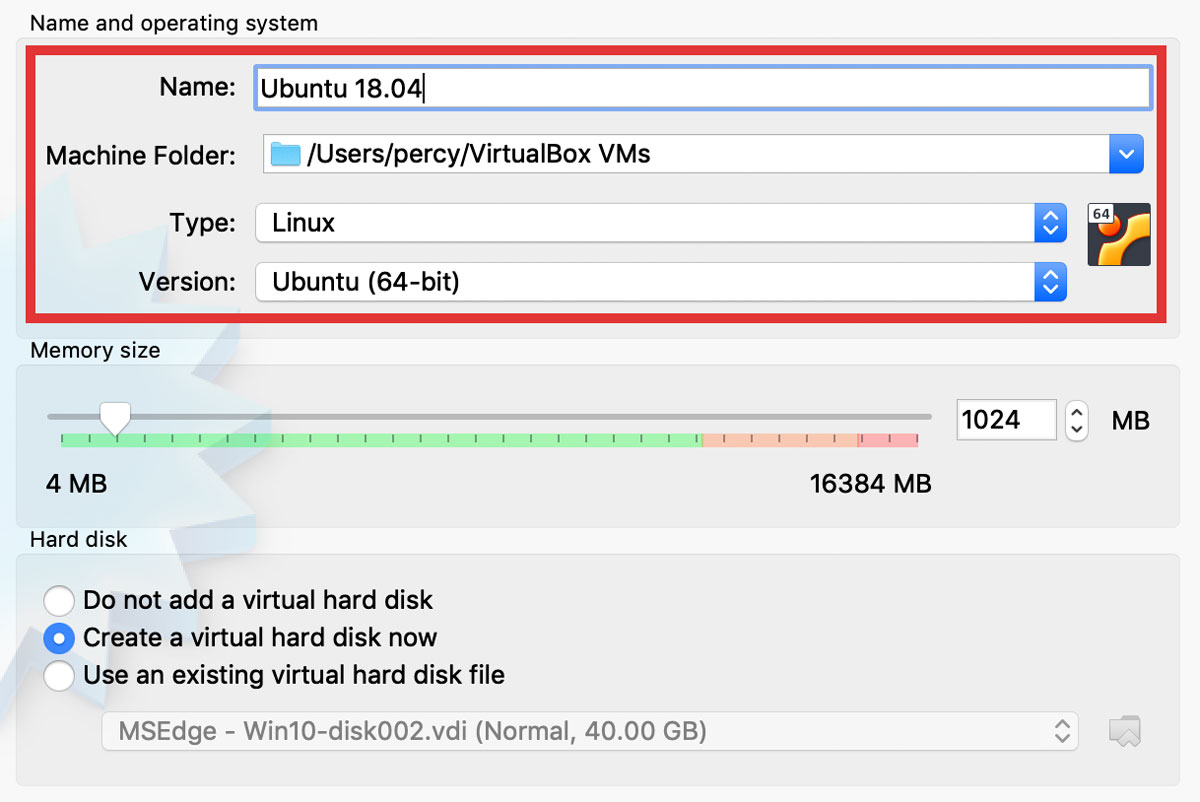 Enter the settings for a new Ubuntu 18.04 virtual machine