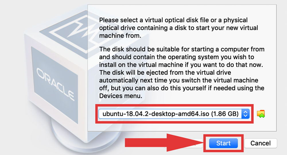 Start the virtual machine after selecting the Ubuntu 18.04 disk image