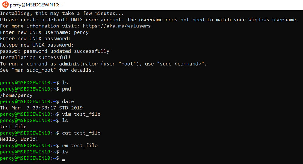 First bash commands on Ubuntu 18.04 in WSL on Windows 10