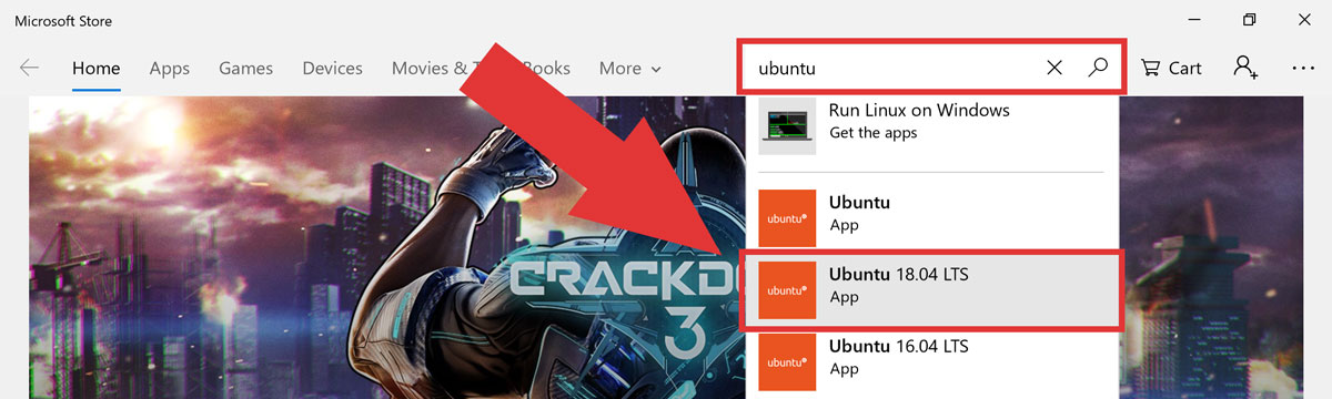 Search for Ubuntu 18.04 in the Microsoft Store on Windows 10