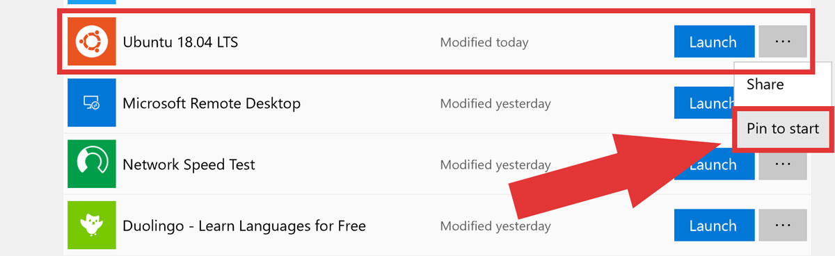 Pin Ubuntu to the taskbar from the Microsoft Store in Windows 10